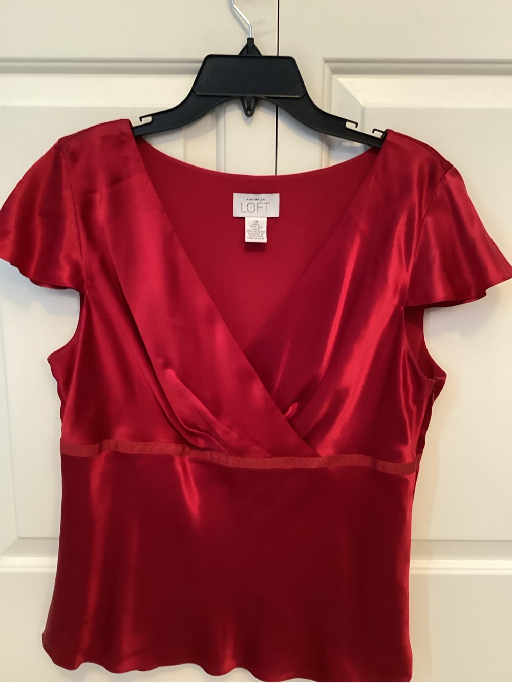LOFT Red Satin Surplice Flutter-Sleeve Blouse